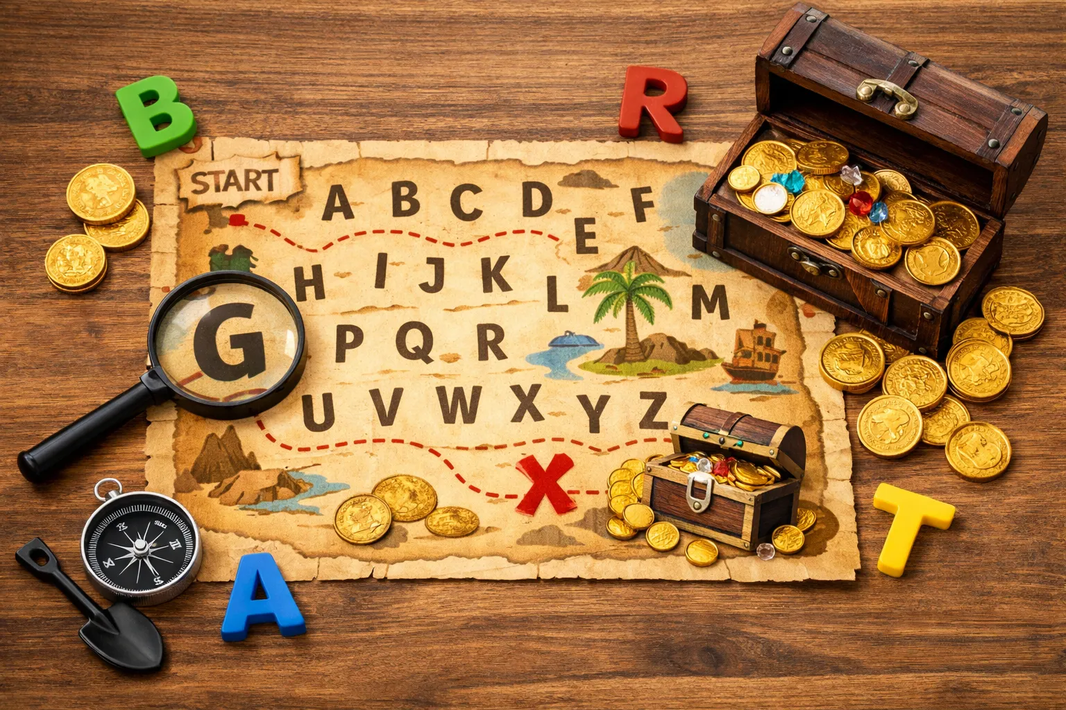A group of happy children excitedly searching for hidden letters during an outdoor alphabet treasure hunt, with bright smiles and focused expressions.