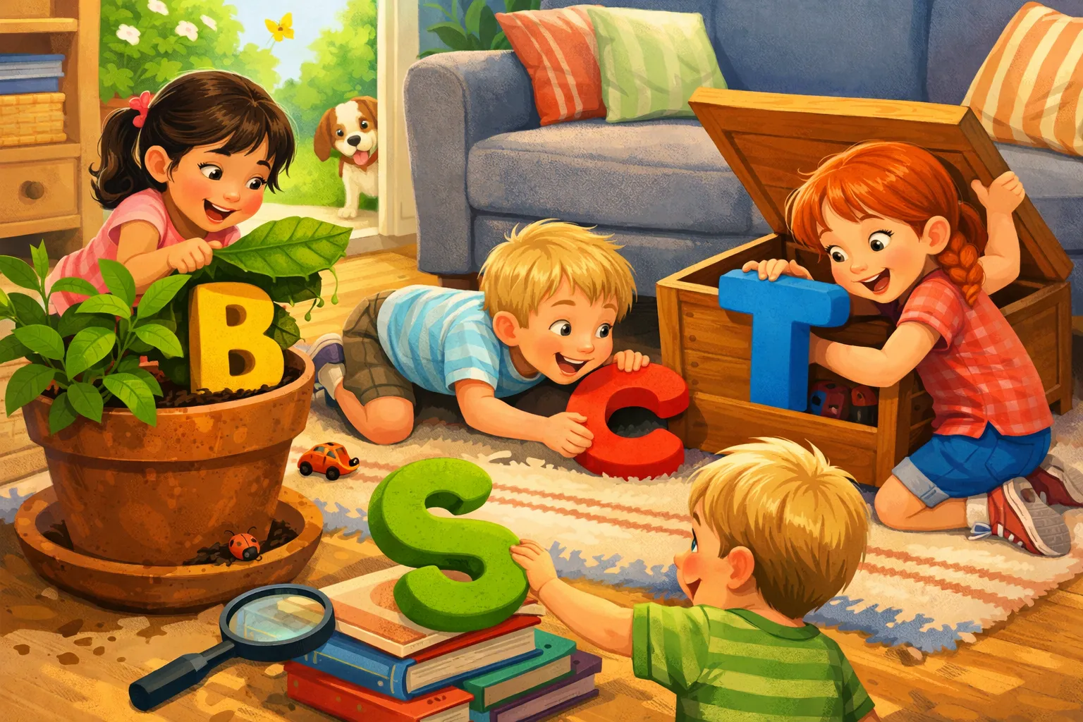 Two young children, a boy and a girl, giggling as they point to a hidden letter 
