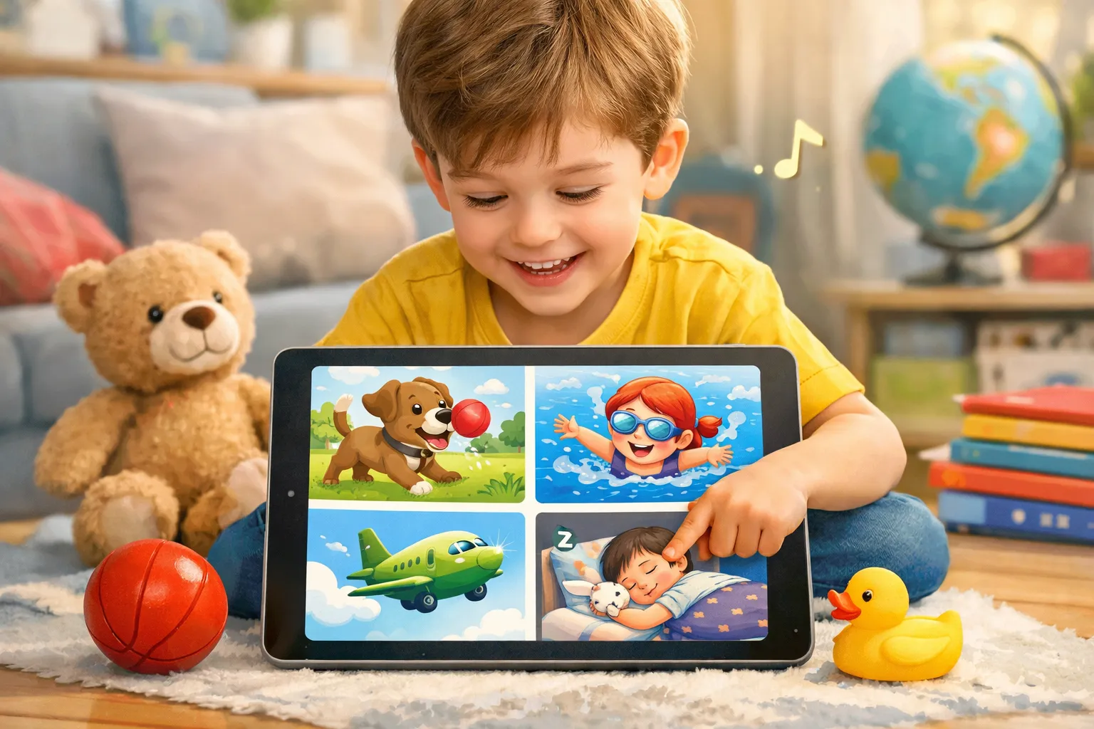 A child, around 8 years old, focused on a tablet, engaging with an interactive storybook application, learning English through play.