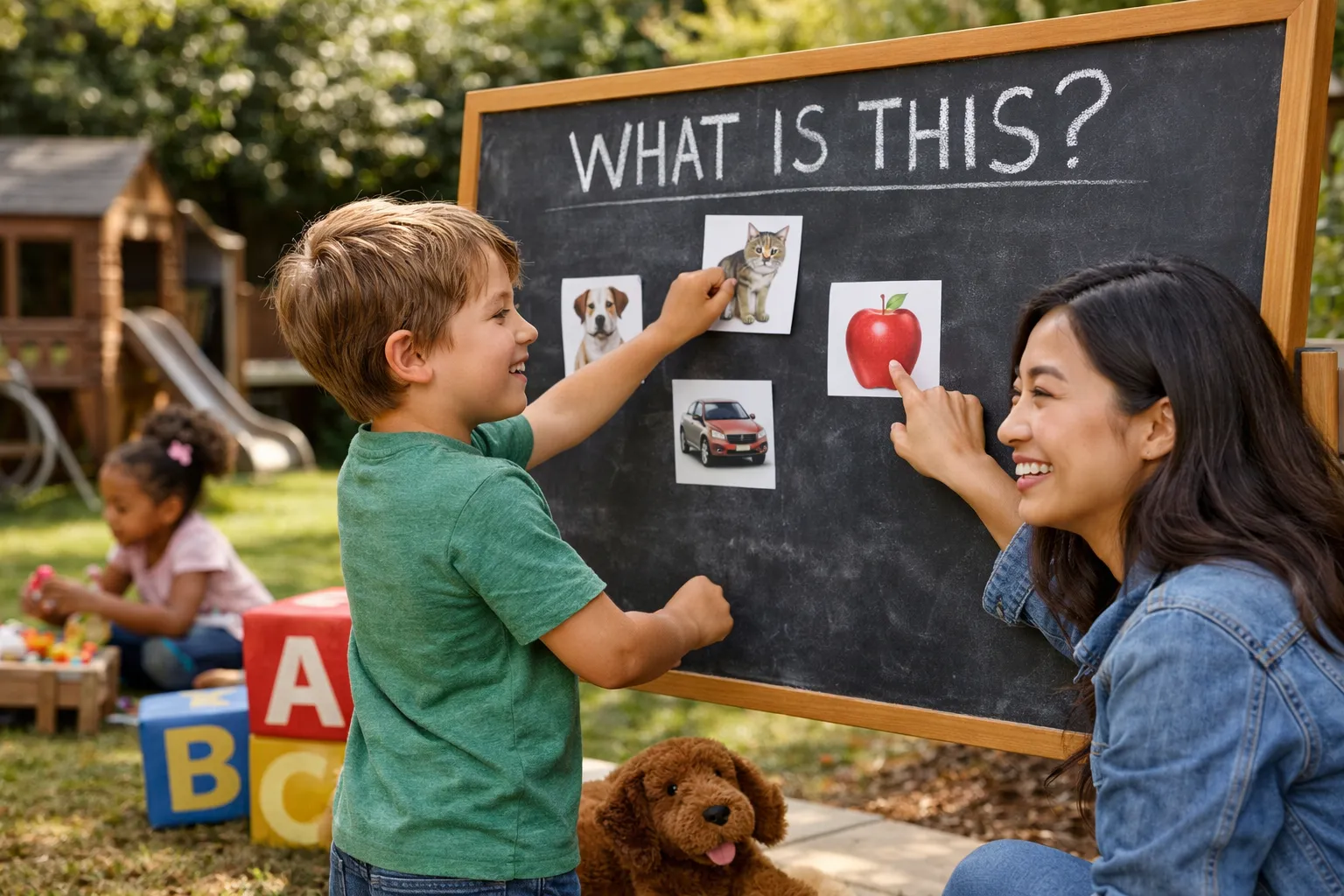 A young student sitting at a desk, looking thoughtful while holding a pen, next to an open notebook and a laptop.