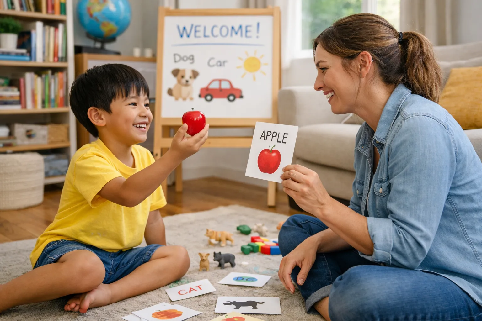 A friendly teacher in a classroom helps two children identify objects, pointing to demonstrate 