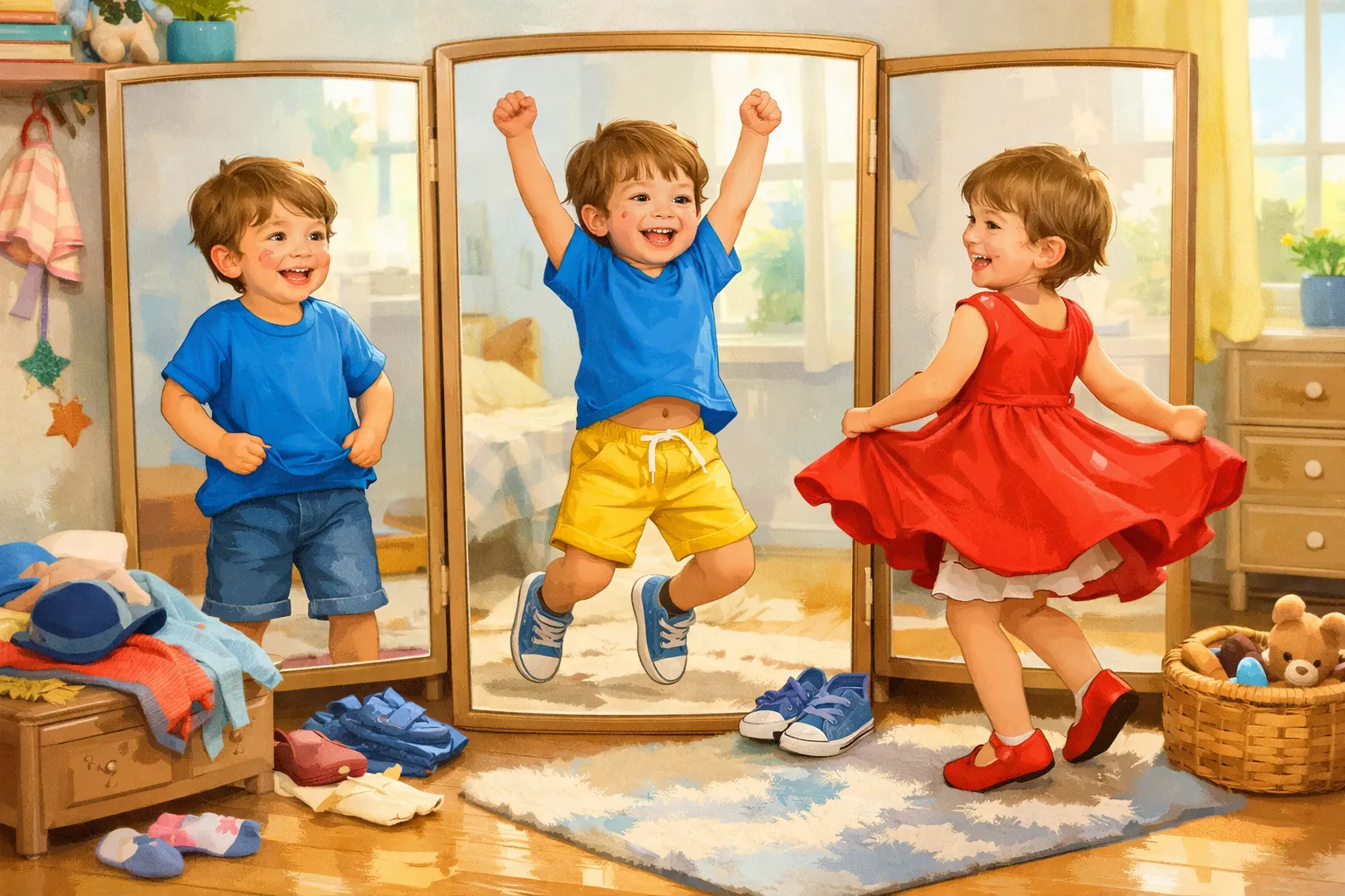 A child trying on different clothes like a blue t-shirt, yellow shorts, and a red dress, smiling in front of a mirror.