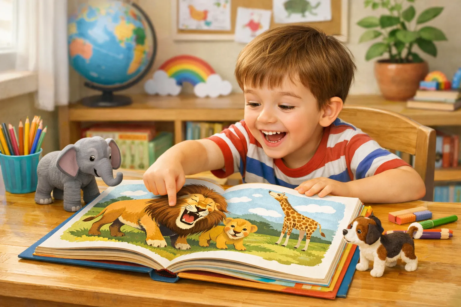 A young girl pointing to pictures of different animals in a book, with a globe and toy animals nearby, indicating a guided learning experience.