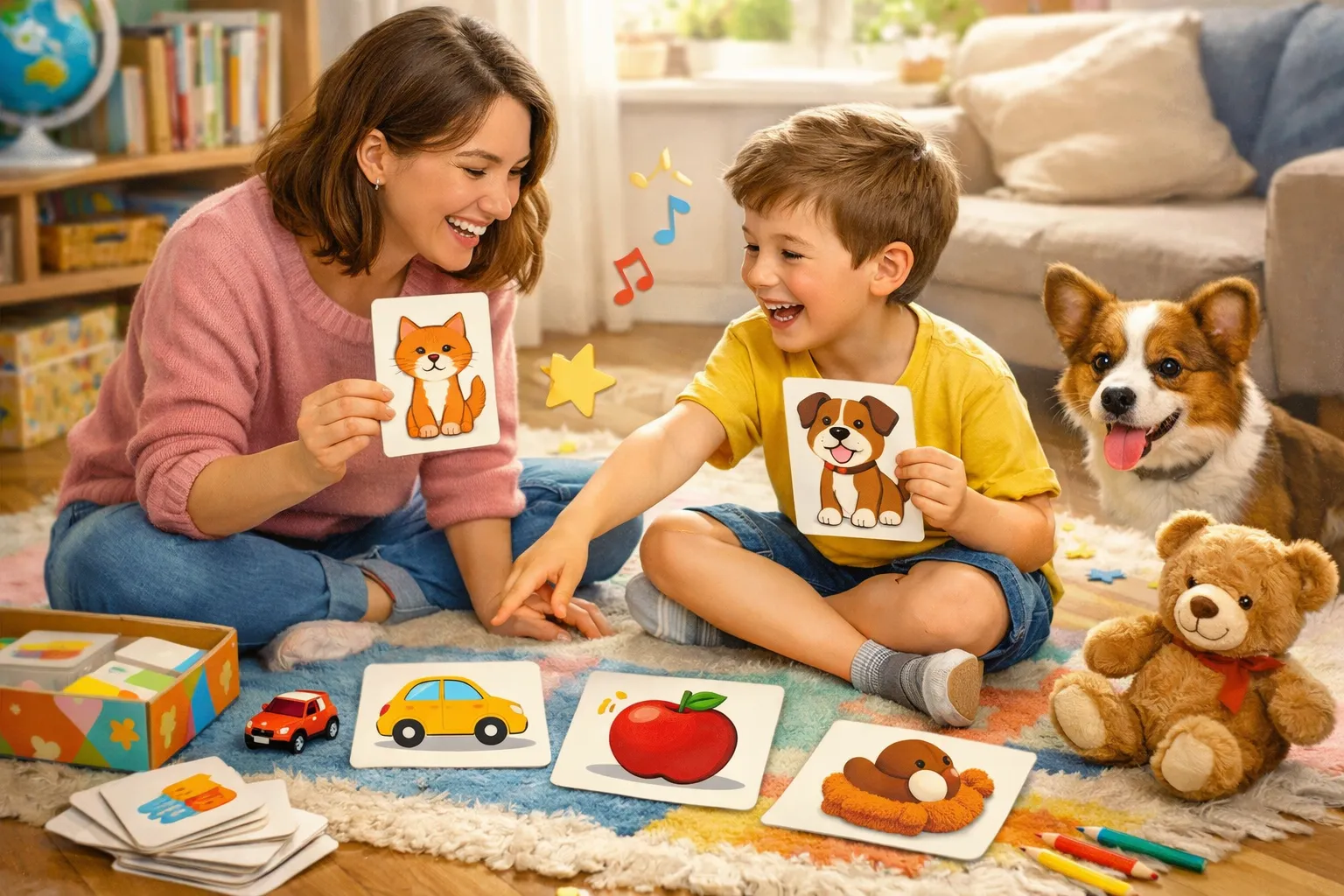 Child playing with colorful English letter blocks on a rug with a parent gently guiding them