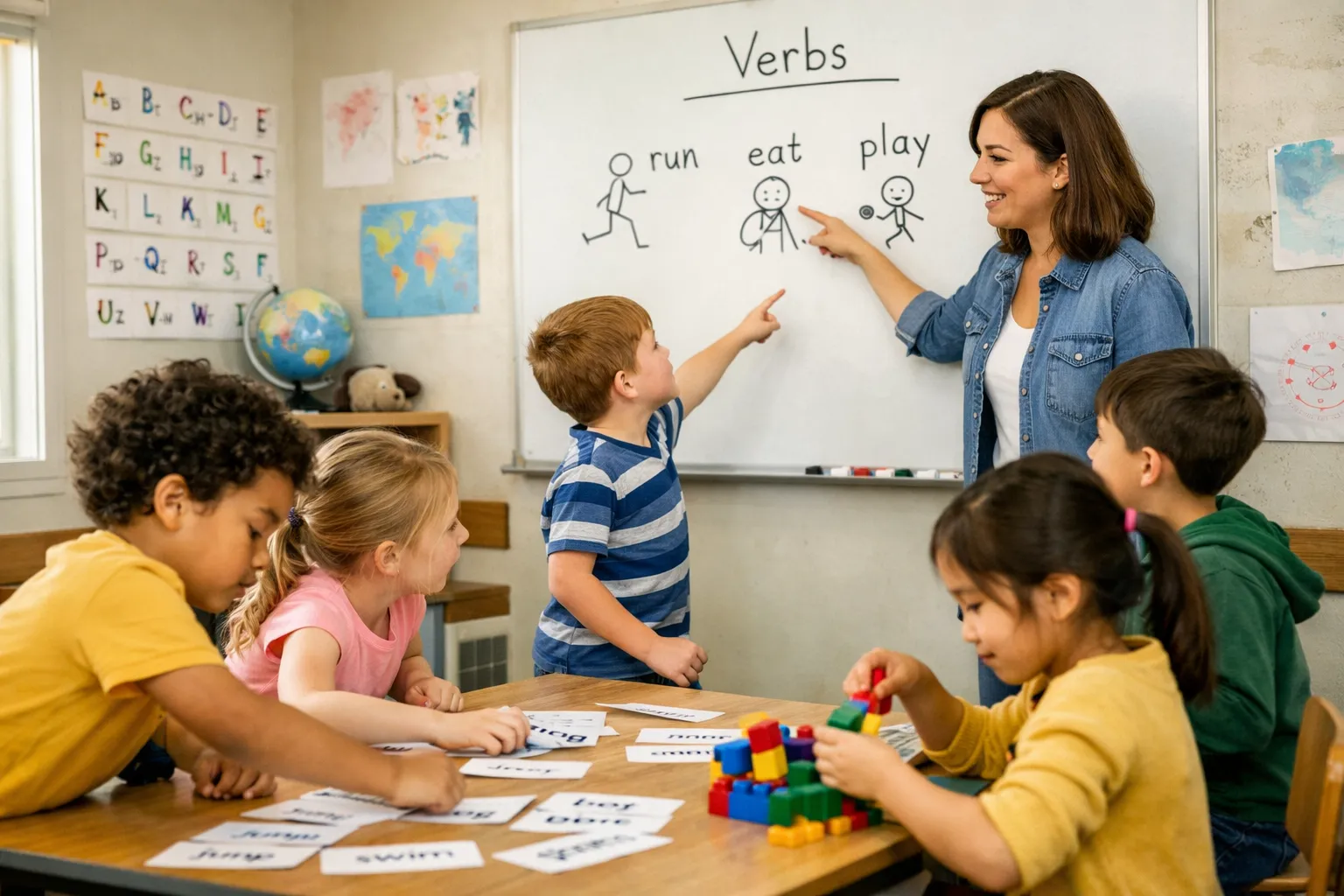 A brightly illustrated cartoon image showing different action verbs: a child running, a dog barking, a bird flying, and a person reading a book.
