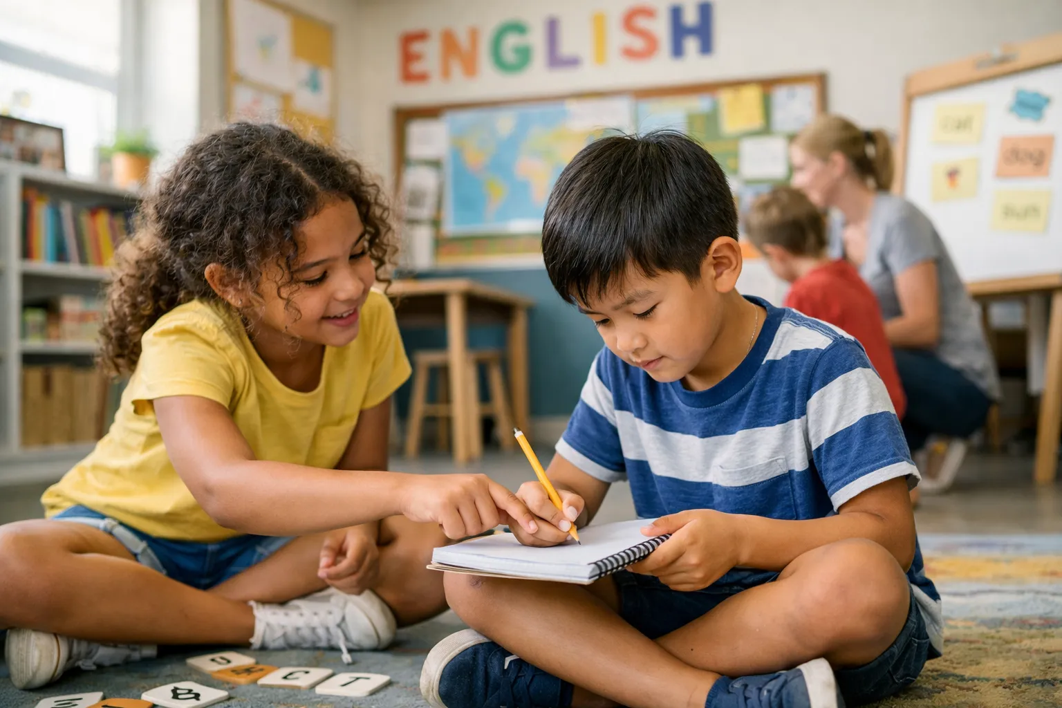 A young girl in a bright classroom writing in her notebook, focused on her grammar exercises, with a cheerful expression.