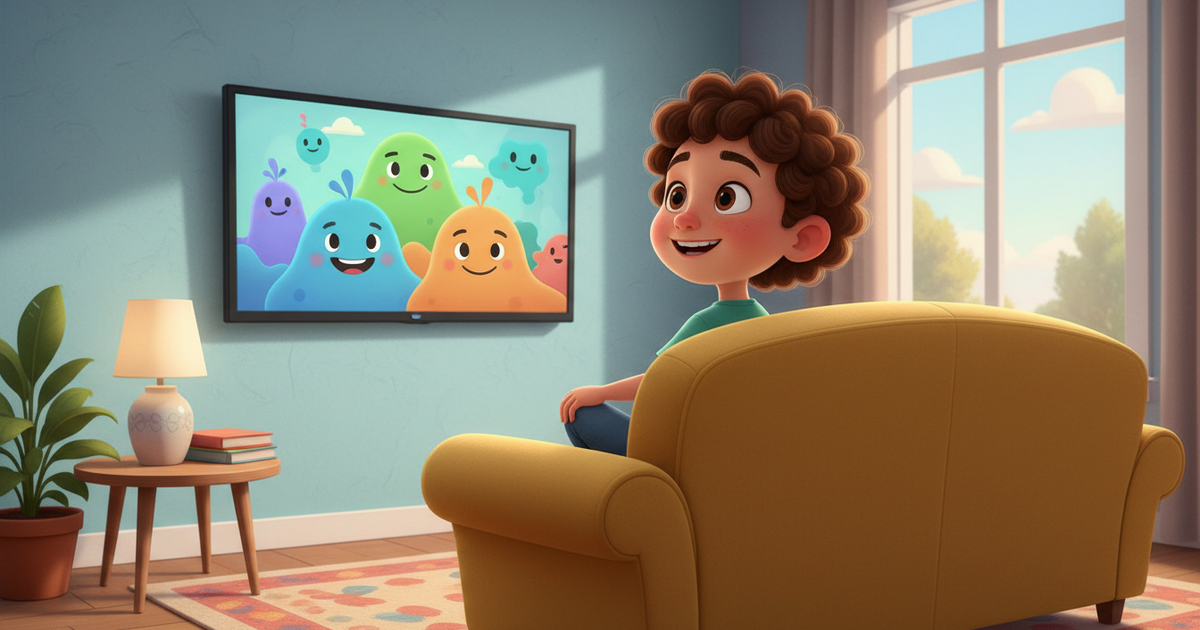 Cartoon illustration of child watching English cartoons on TV Cartoon illustration of child watching English cartoons on TV