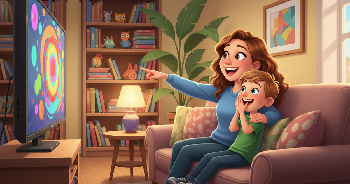 Cartoon illustration of parent and child watching cartoons together Cartoon illustration of parent and child watching cartoons together