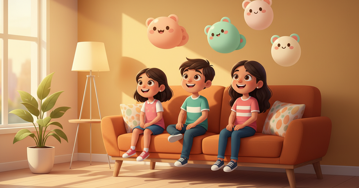 Three cheerful kids on couch watching cartoons in cozy living room