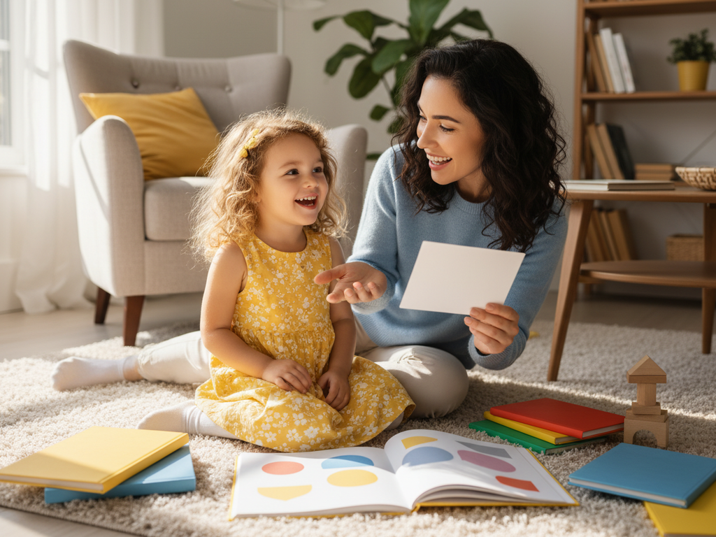 A young child listening intently to a storybook with their parent, showing receptive language skills.