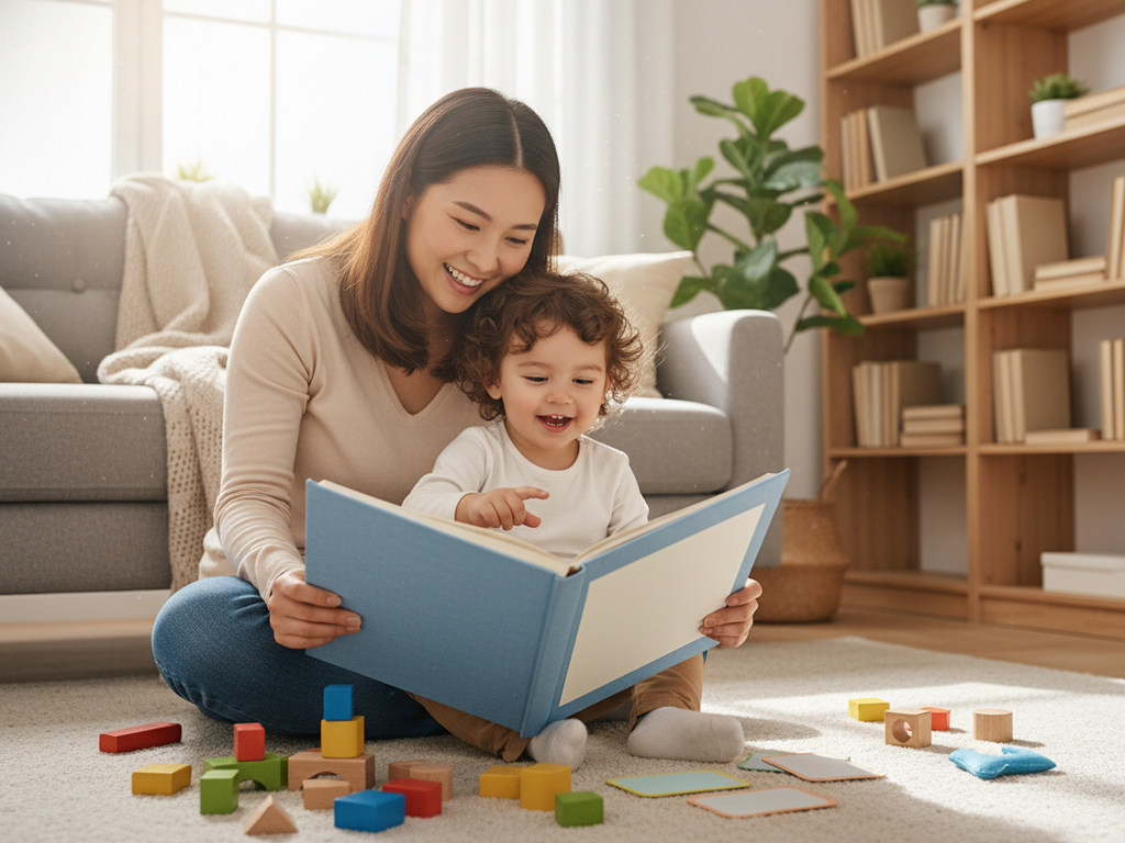 An illustration showing common English vocabulary for toddlers, such as animals, food, and family members, in a colorful and engaging layout.