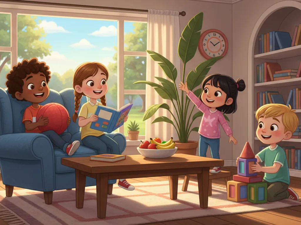 A colorful illustration showing common household objects like a book, a ball, and a chair, each with its English name written below it.