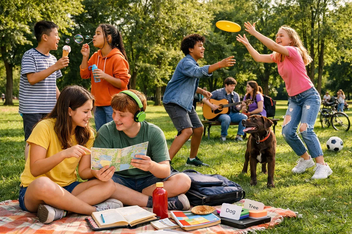 Three teenagers in a park laughing and talking, one holding a football, illustrating various everyday actions and interactions.