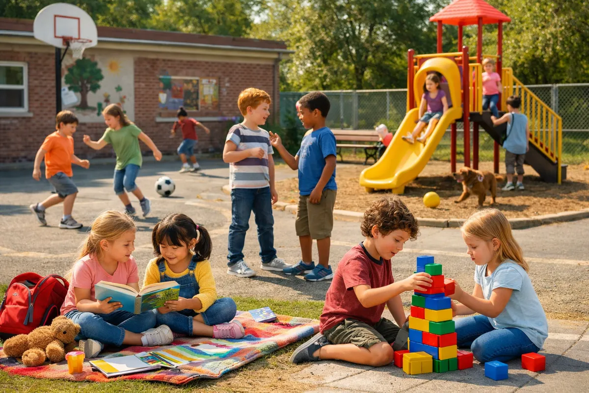 A diverse group of kids happily engaged in various activities on a school playground, including jumping rope, playing tag, and sitting on a bench.