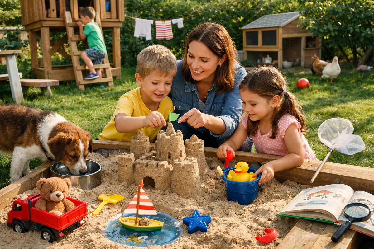 Children playing with toy animals and blocks on a rug, pointing and describing them with 
