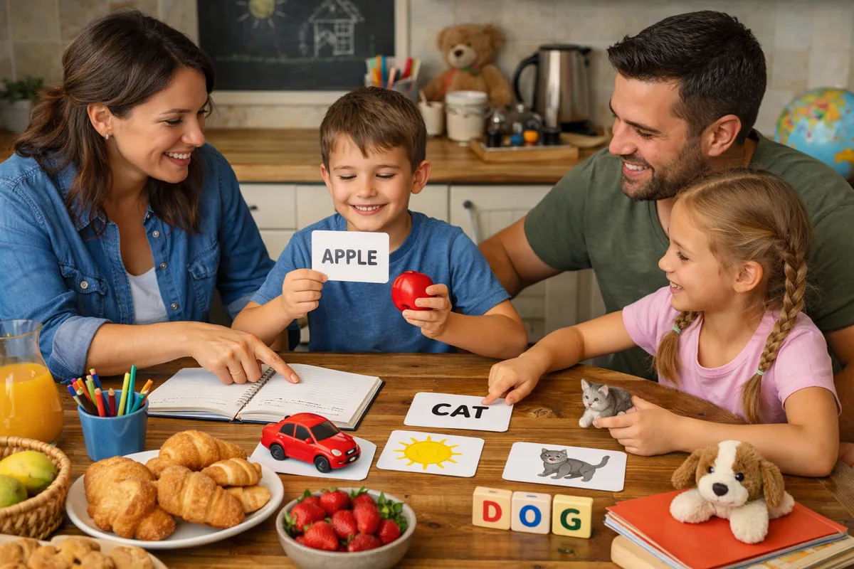 A family gathered around a kitchen table filled with various food items like fruit, juice, bread, and cookies.
