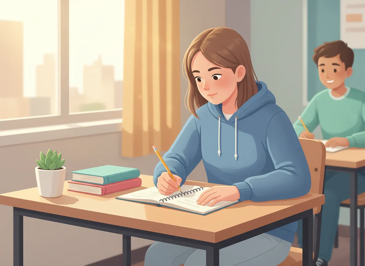Teenage girl writing in a notebook at a sunny classroom desk