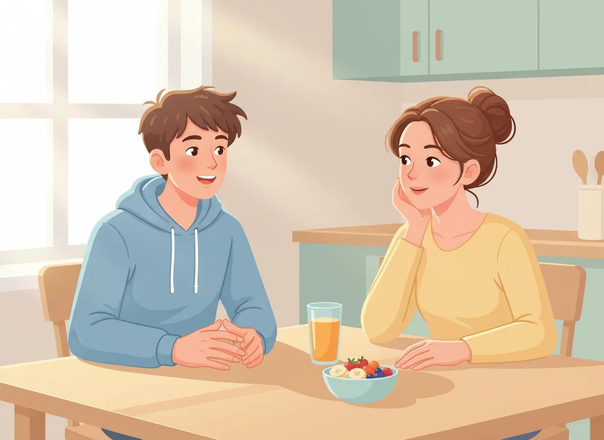 Teenage boy talking to his smiling mother at a sunlit kitchen table