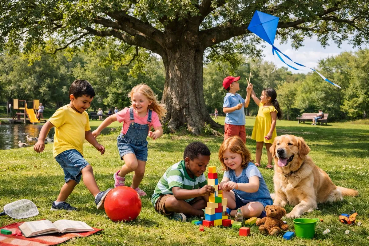 Group of children playing in a sunny park with a ball, a dog, and a tree.