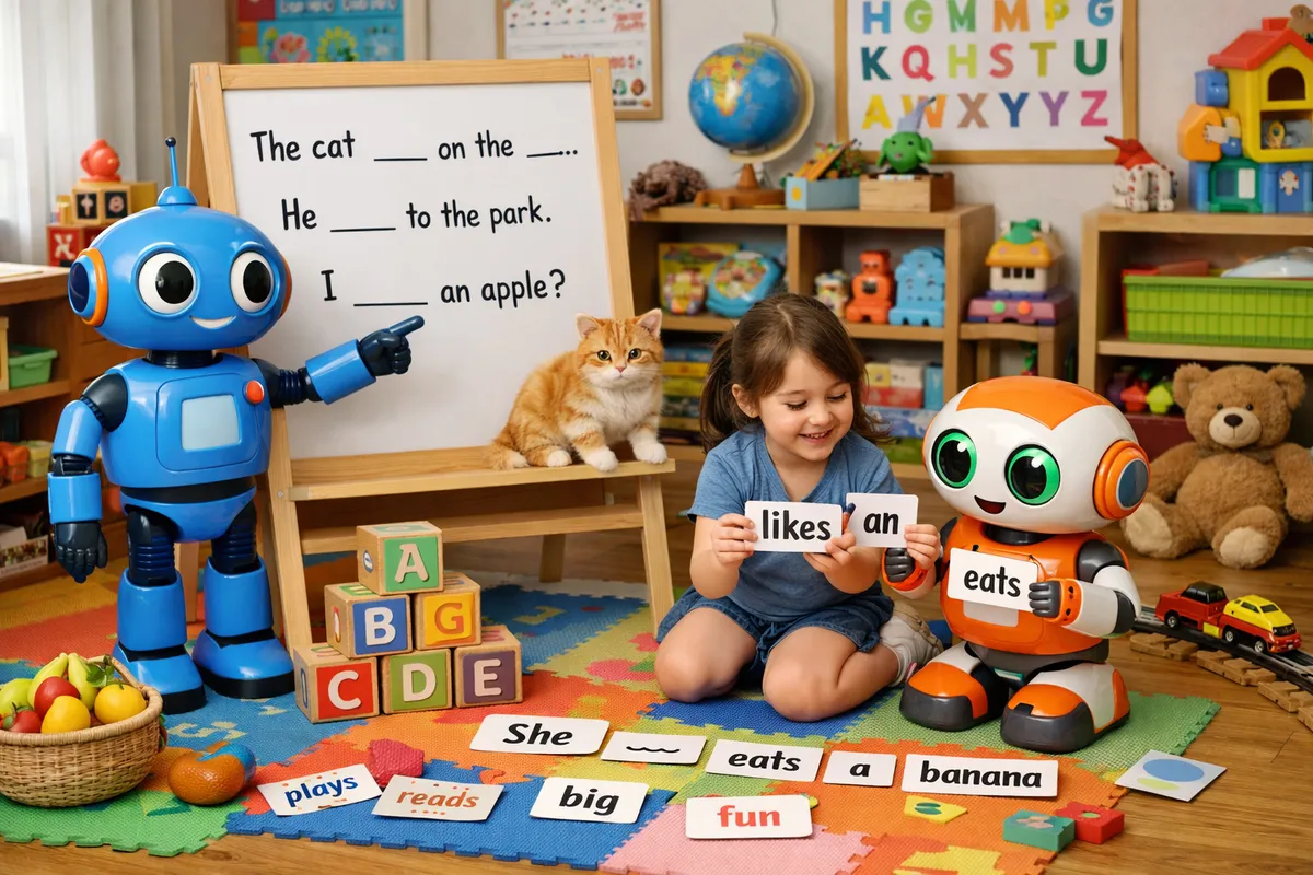 Two friendly cartoon robots, one holding a pencil and paper, the other pointing to a whiteboard with simple sentences.