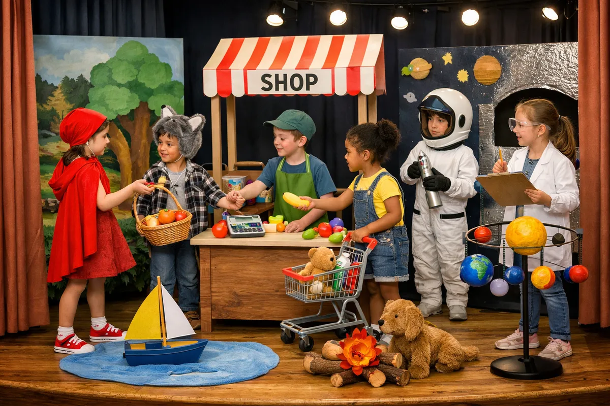 Children in a school play performing on a small stage, using gestures and expressions to convey a story.
