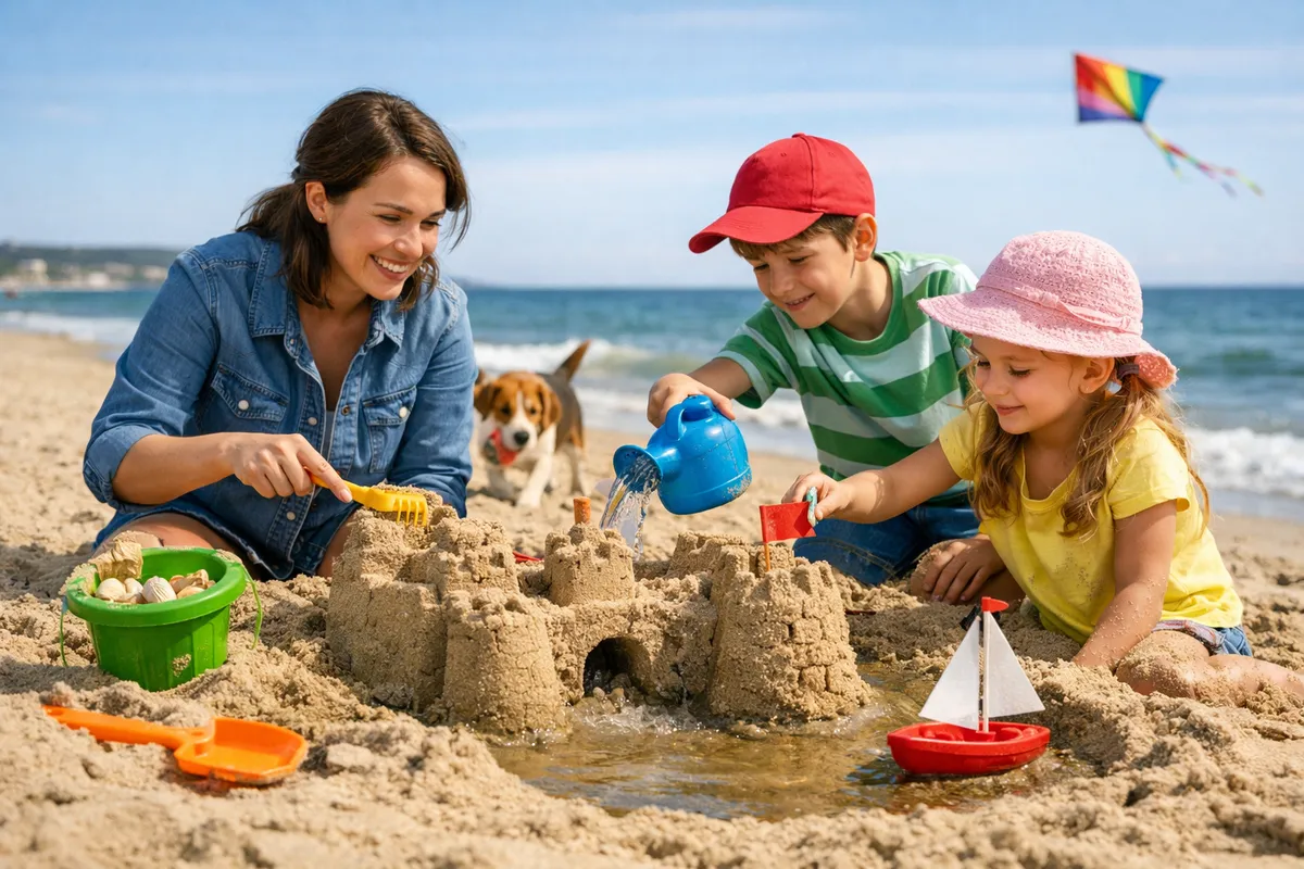 A family, including parents and two children, sitting around a table examining a large map, planning a trip and pointing to different locations.