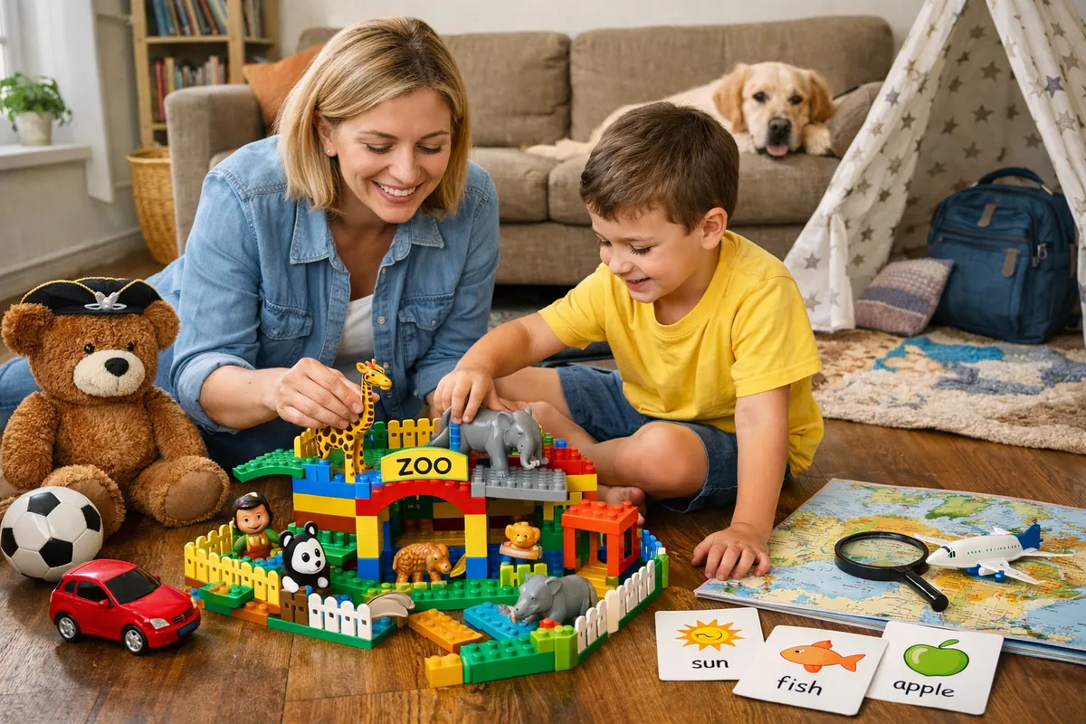A happy family sitting on a park bench, sharing a picnic lunch. A dog sits nearby, watching a child hold a bright red apple.