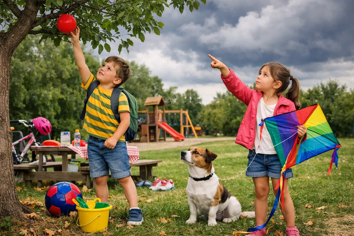 A boy trying to reach a red ball in a tree branch while a girl holds a kite and points at cloudy sky, with a small dog nearby.