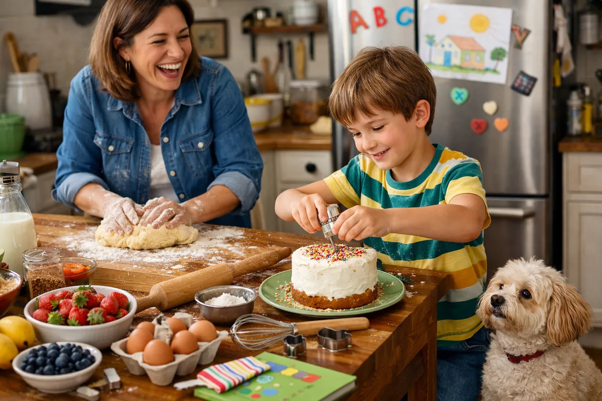 A lively family kitchen scene with a child, aged 8, decorating a cake with sprinkles while their parent, mid-laugh, kneads dough on a flour-dusted counter. A small, fluffy dog sits patiently by the child