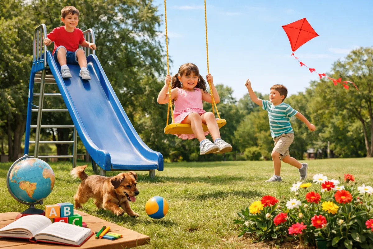 A lively park scene with a child on a tall slide, another on a short swing, and a child running with a kite, plus a small dog.