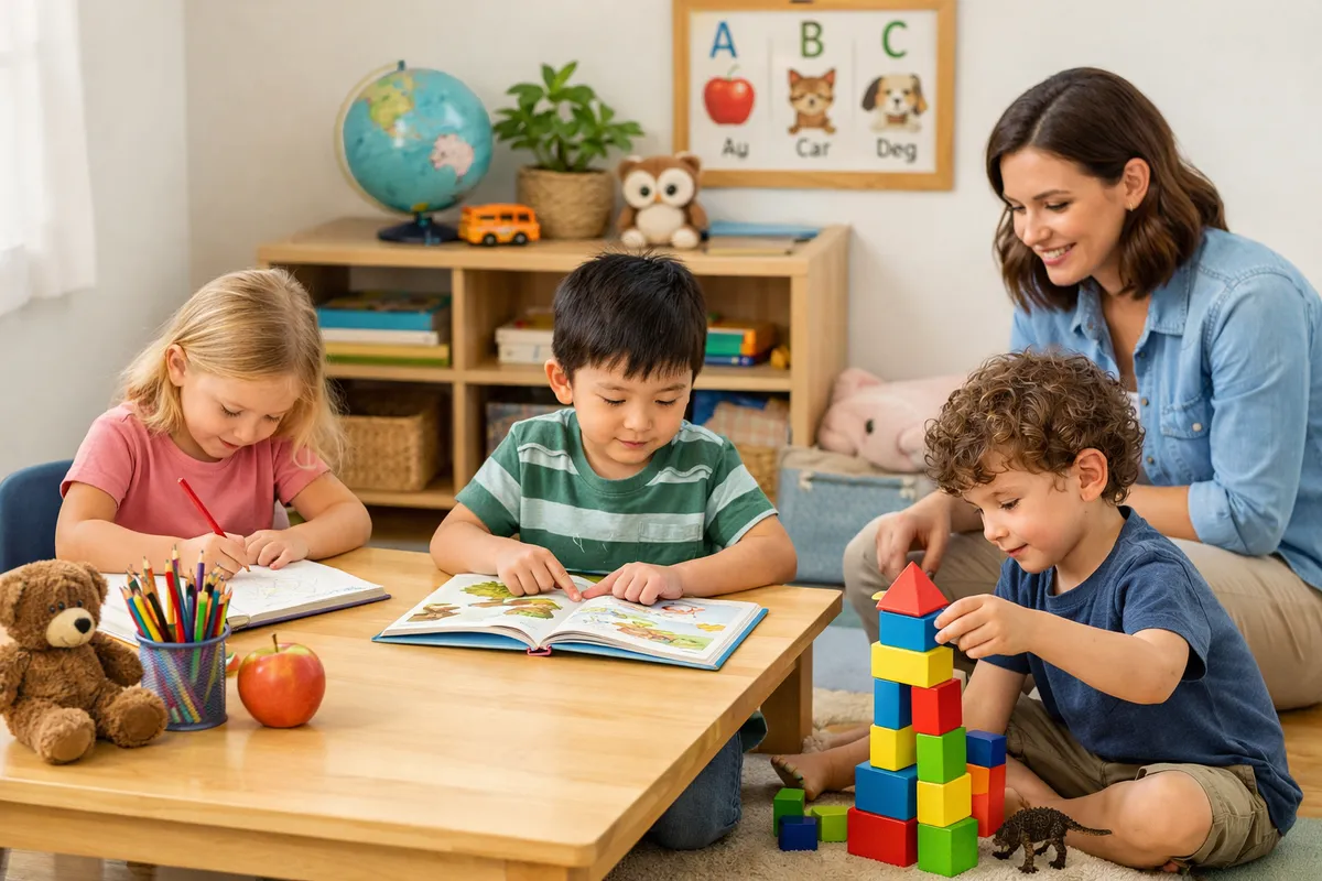 A lively classroom scene with children engaged in various activities: one boy drawing at a table, two girls reading a book together, another girl playing with blocks, and a teacher observing nearby.