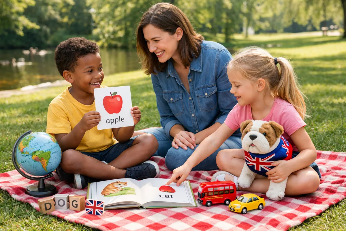 A lively park scene with children engaged in various activities: one child is swinging, another is running with a kite, and an adult is reading on a bench.