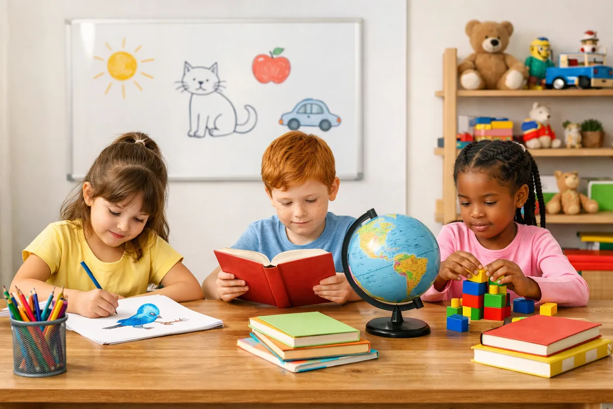 Three children in a bright classroom at a wooden table: one girl drawing a blue bird, a boy reading a red book, and another girl playing with colorful building blocks.