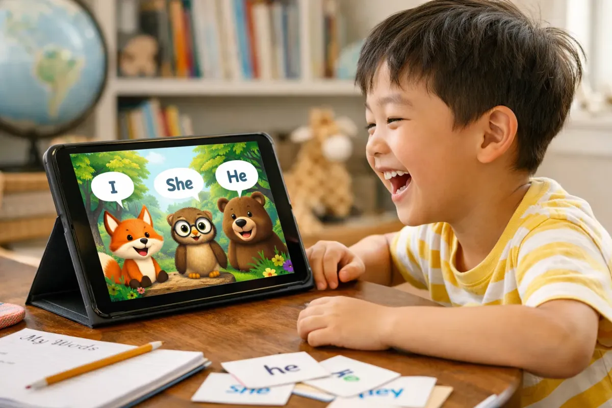 A young student laughing while interacting with an AI storyteller on a tablet, which features animated talking animal characters with speech bubbles teaching grammar concepts like pronouns.