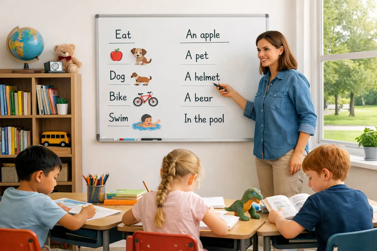 A lively classroom scene with a teacher at the front pointing to a whiteboard, engaged students at their desks writing and drawing, and bookshelves filled with books. Through a large window, a green park with trees and a small swing set is visible, all elements clearly defined for instructional use.