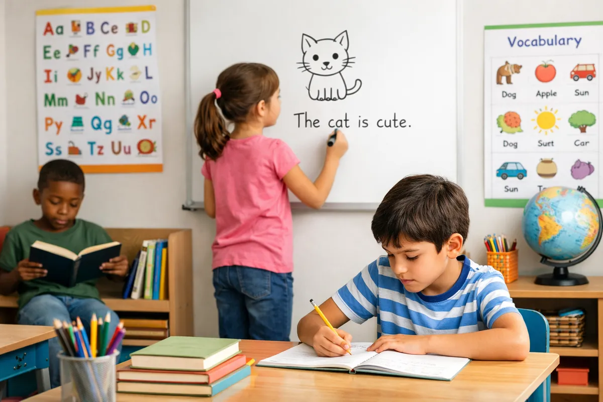 A classroom scene with a girl drawing a cat on a whiteboard and writing a simple sentence, while a boy at a desk writes in his notebook, showing focused learning about descriptive language.
