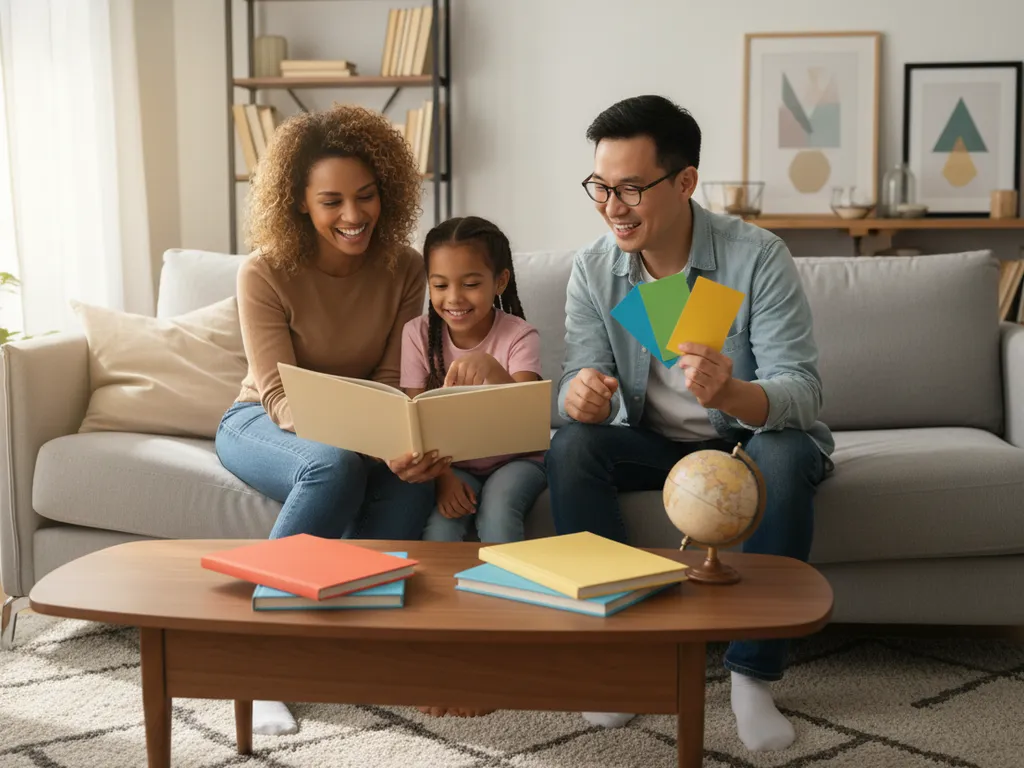 Un padre leyendo un libro ilustrado en inglés a su hijo pequeño en el sofá.