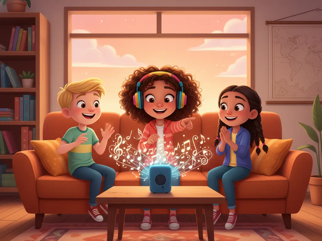 Un niño con auriculares sonriendo mientras escucha y aprende inglés online.