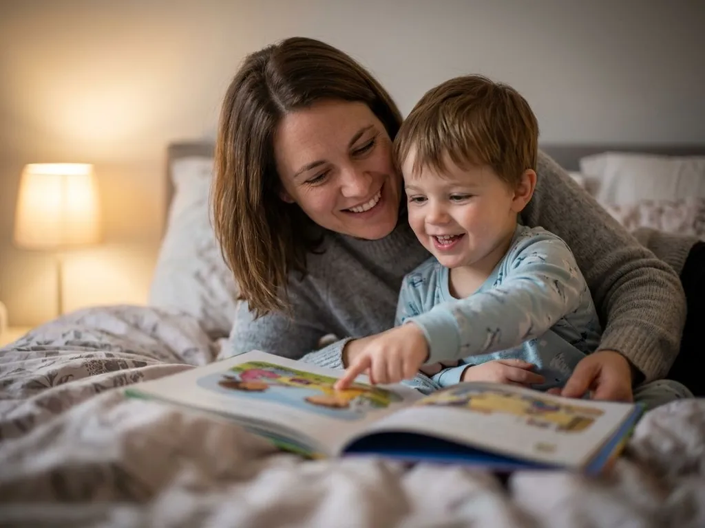 Madre leyendo un libro en inglés con su hijo en el sofá