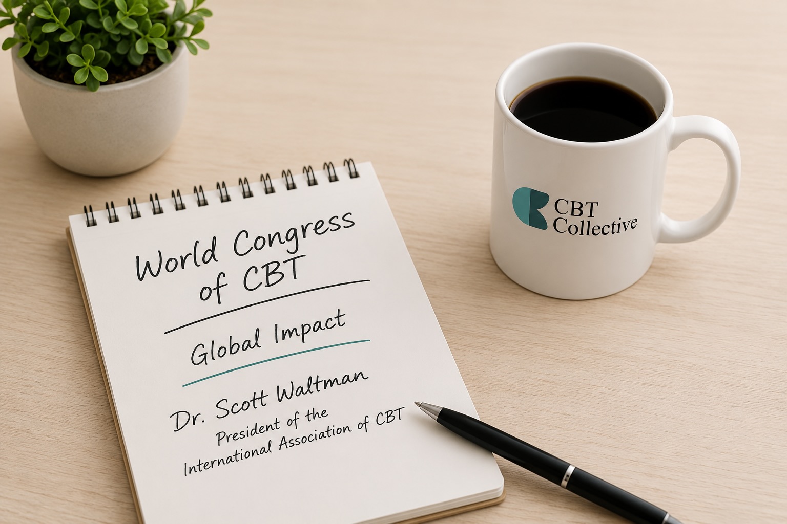 A minimalist desk scene with a notebook labeled “World Congress of CBT,” a subtitle referencing global impact, a pen, a small plant, and a CBT Collective–branded coffee mug.