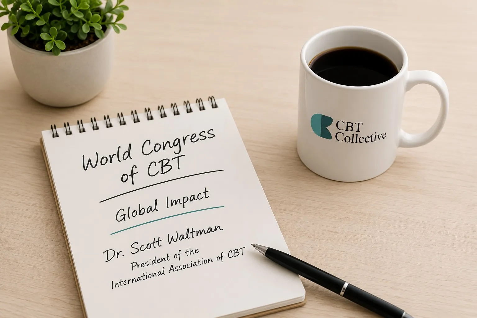 A minimalist desk scene with a notebook labeled “World Congress of CBT,” a subtitle referencing global impact, a pen, a small plant, and a CBT Collective–branded coffee mug.
