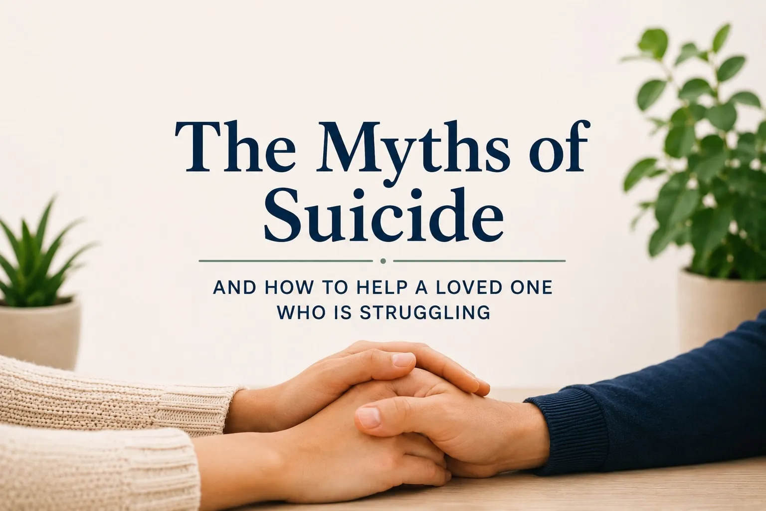 Banner image for an article about suicide myths and supporting a loved one. Two people hold hands across a table, symbolizing compassion and connection, with the title "The Myths of Suicide—and How to Help a Loved One Who Is Struggling" displayed above on a soft, calming background.
