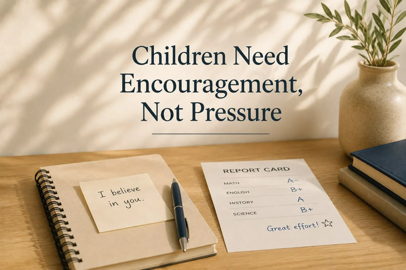 A notebook, report card, pen, books, and a vase on a sunlit desk beneath the words "Children Need Encouragement, Not Pressure," illustrating the importance of supporting children's self-worth over academic pressure.