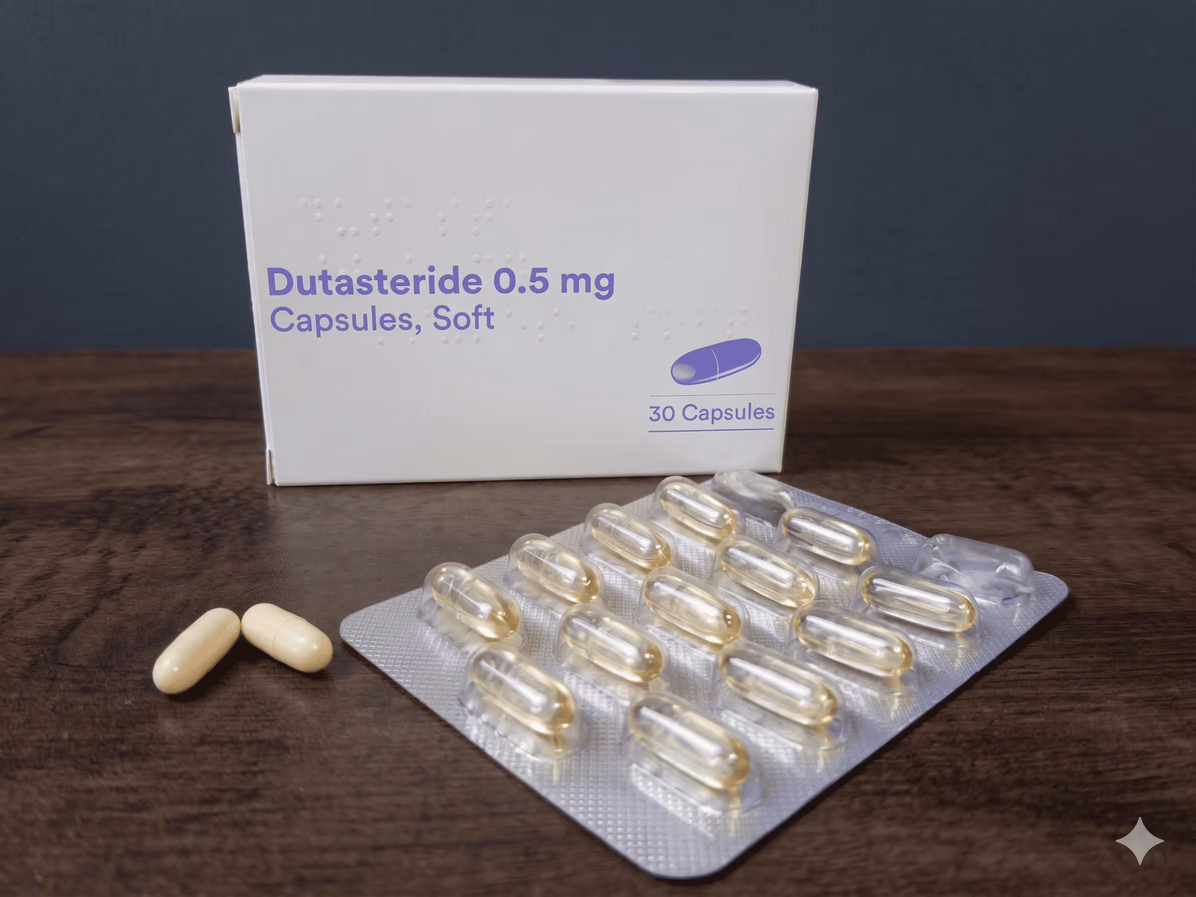 Boîte de médicaments Dutastéride 0,5 mg avec un blister ouvert contenant des pilules blanches.