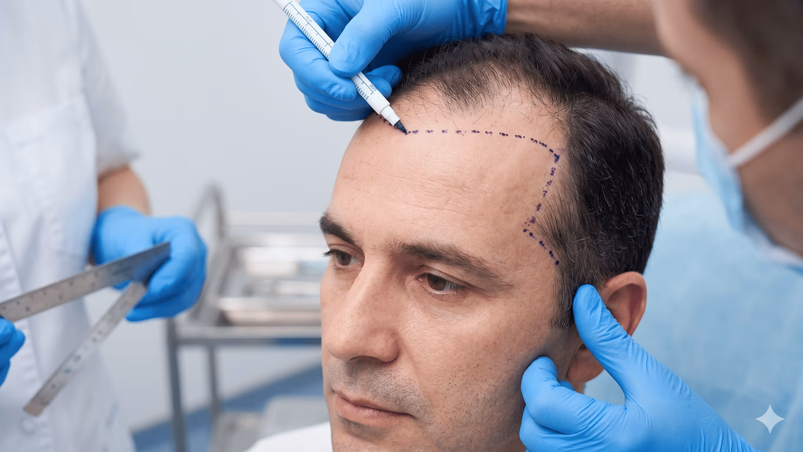 Homme se faisant tracé les contours de l'implantation pour la greffe.