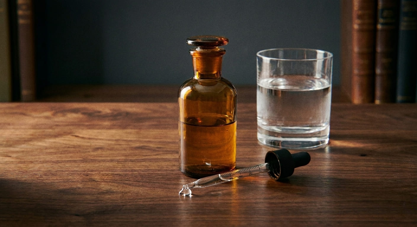 Flacon ambré de Lonoten en solution orale et pipette pour le traitement de la perte de cheveux, posés sur un bureau en bois s