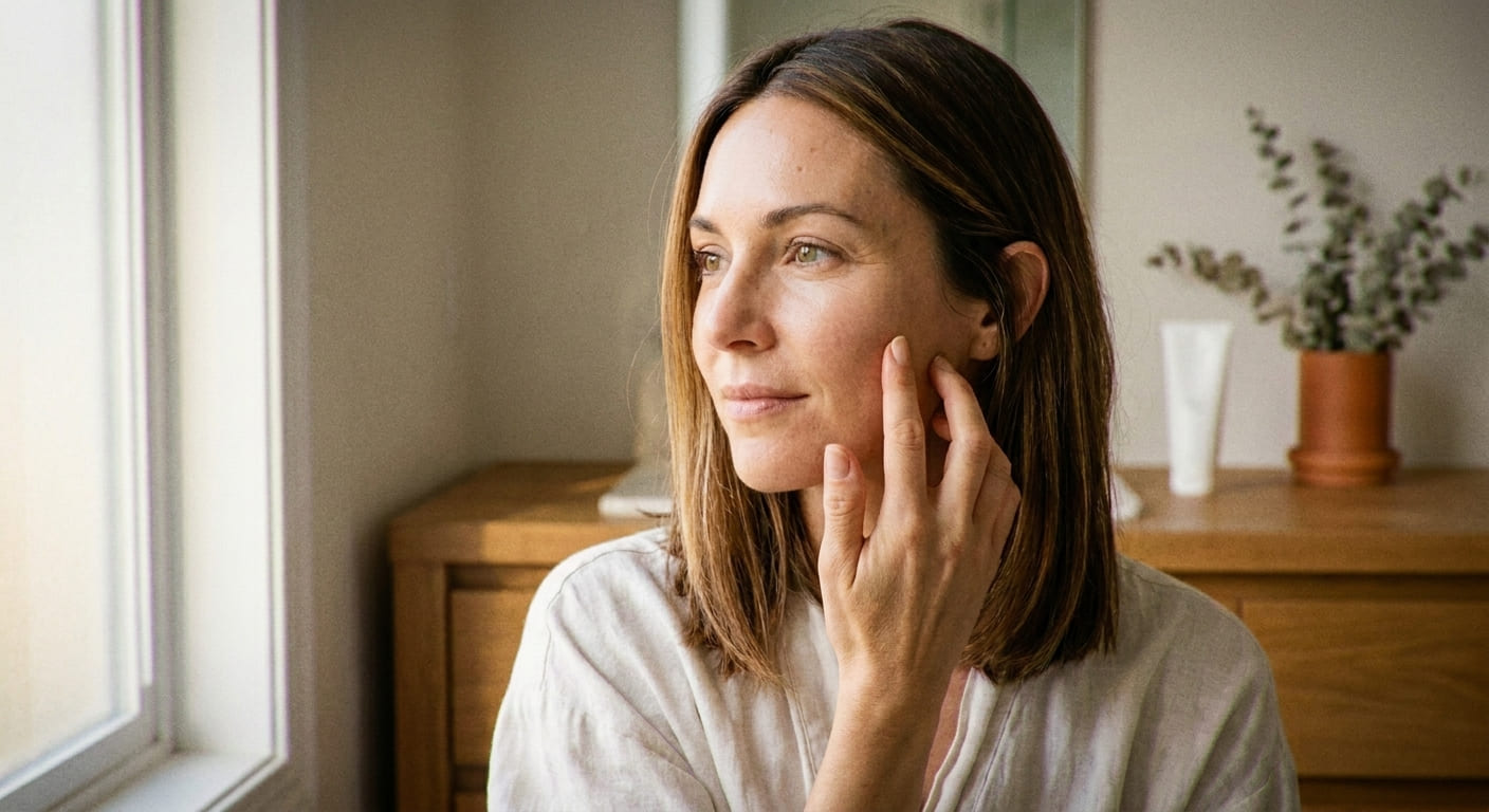 Femme de 32 ans à la peau visiblement améliorée et lumineuse, illustrant l'efficacité de la crème tretinoine dans une salle d