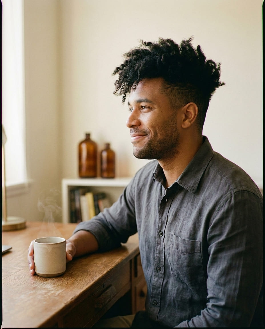 Portrait d'un homme serein observant les résultats de son traitement dutastéride sur ses cheveux bouclés, ambiance apothicair