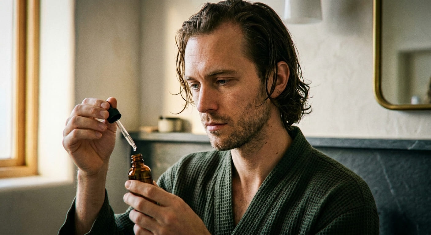 Homme concentré examinant un flacon de Minoxidil, illustrant le choix d'un traitement avec ou sans ordonnance pour la calviti