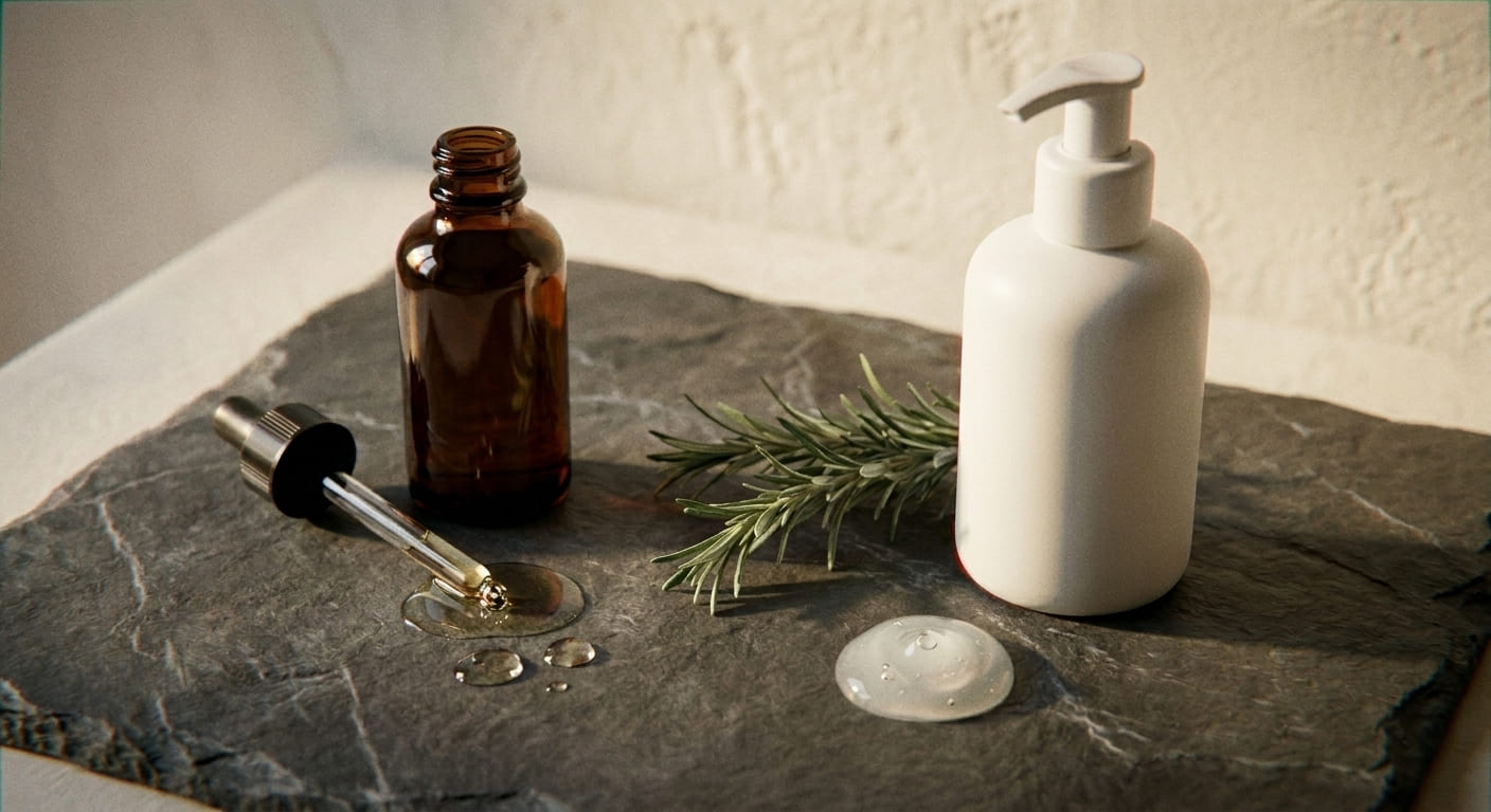 Flacon de Minoxidil et gel rubéfiant sur une surface en ardoise, illustrant le choix d'un traitement anti-chute capillaire.